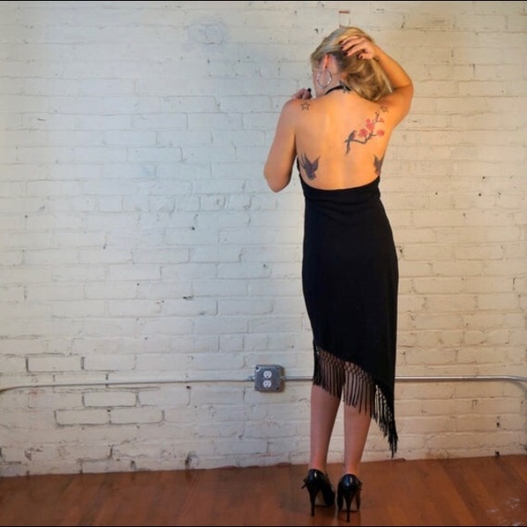 VTG bebe S Open Back Halter Dress Fringe Hem LBD - Picture 3 of 5